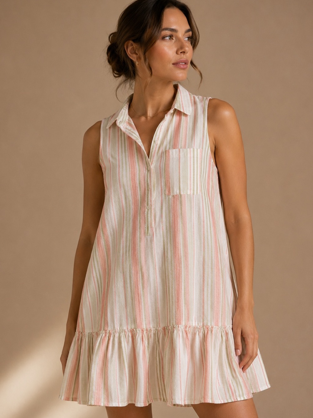 Time and Tru Linen Blend Pink Stripe Sleeveless Dress XS Ruffle Hem Summer Dress